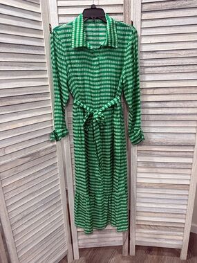 Taylor Green Striped Midi Shirt Dress with Tie Waist